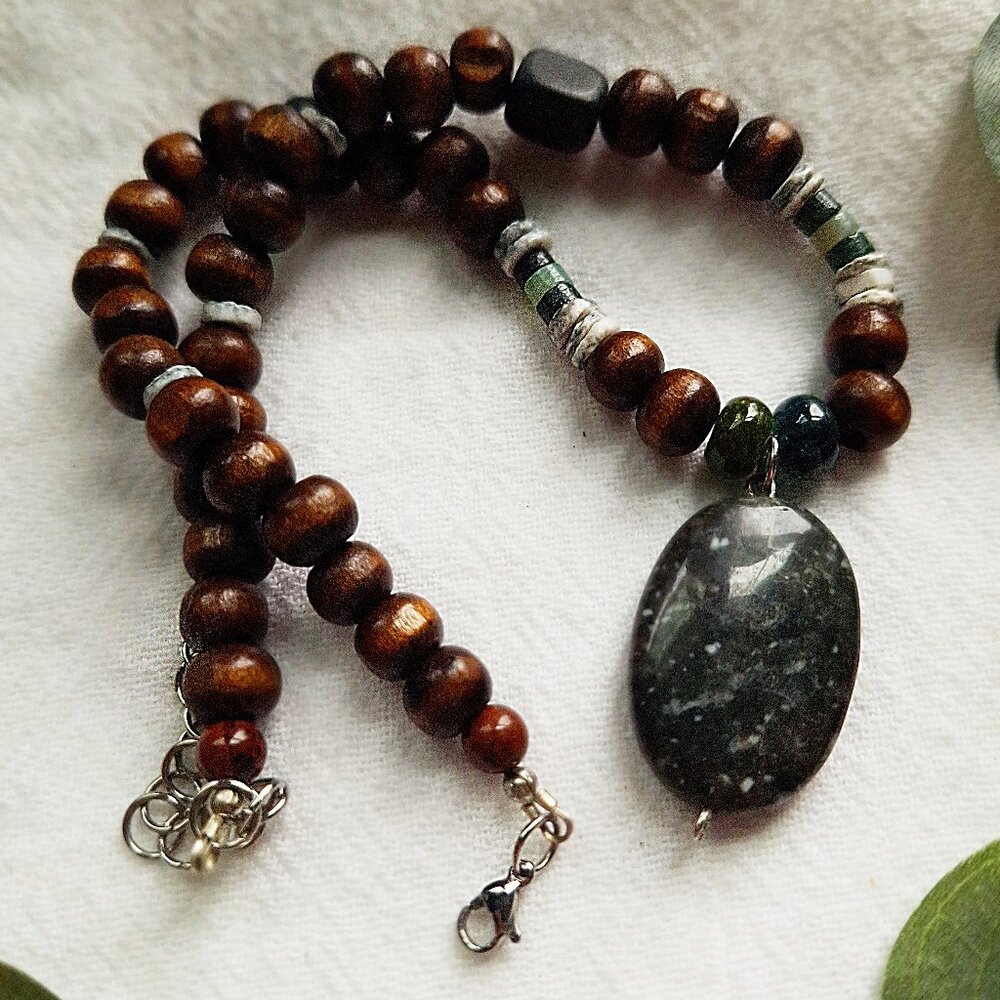 Beach Stone Pendant Necklace, Boho Beaded Unisex Necklace, Dark Fairy Grunge
